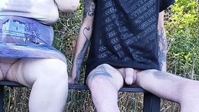 Mother-in-law sucks my dick in the park on a bench until I cum