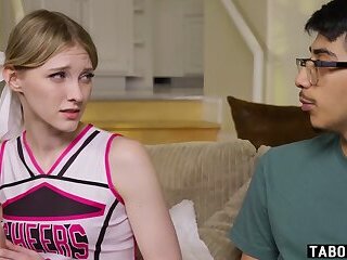 Teen cheerleader Melody Marks loosing her virginity on a shy guys dark cock