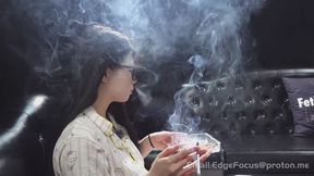 Asian Girl Blowing Dense Smoke Rings & Deep Inhales in Pajamas — TIAN1 4K