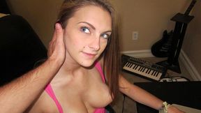 Sexy babe is standing on the knees and sucking with love