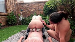 ffm outdoor threesome creampie with chubby girl and skinny mature