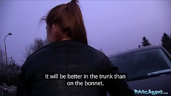 Public Agent Innocent looking ginger girl fucked over a car bonnet