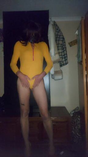 Playing and teasing in my yellow suit and red heels