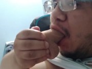 Cute crossdresser deep throating and choking on dildo