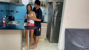 I take advantage of my little stepsister cleaning the kitchen to invite her to fuck hard and come in her ass.