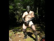 jerking off outside in stockings, long gloves and gasmask