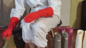 test rubber boots in hazmat suit