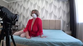 Cameras capture a curvy MILF from the side &mdash;  mature BBW enjoys a new dildo behind the scenes