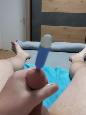 Huge cumshot of my tight circumcised cock after lube handjob and sounding with vibrating rod.... oooh the feelings