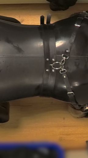 Latex Chastity Cage Sissy on Sex Machine Pillory, Dildo and ESTIM Part 3   Clip 1