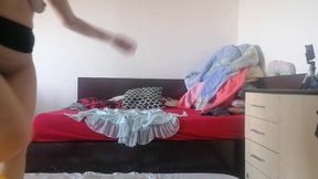 Amateur wife does yoga naked, hairy pussy, big nipples.