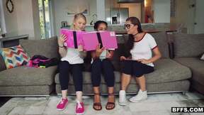 ”Naughty teenage babes toy with a foreign schoolgirl's aroused shlong”