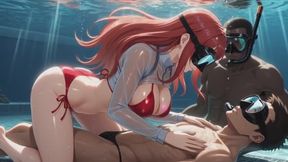 Water Pool Breath Restriction Play - Redhead MILF in Tight Wetsuit & Remote Oxygen Control