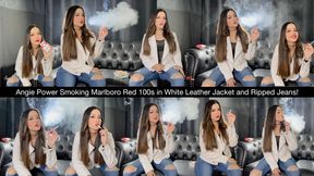 Angie Power Smoking Marlboro Red 100s in White Leather Jacket and Ripped Jeans!