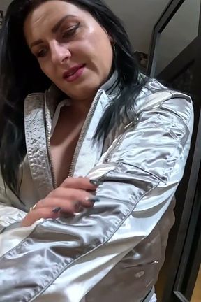 Shiny Robot Suit, Drooling Blowjob &amp; Gagging Play - Cum on My Bomber Jacket