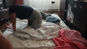 Sensual massage of a hot amateur couple with oil on the body.