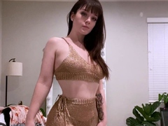 Busty curly brunette with big boobs fucks on couch