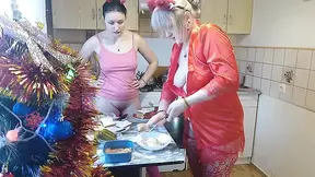 Erotic New Year's Eve cooking in a thong and beautiful lingerie