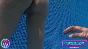 Wife bucketed MILF floods pool with gushing underwater fuck