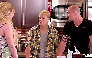 Tow gay friends fucked hot busty MILF after she made her sweet cookies