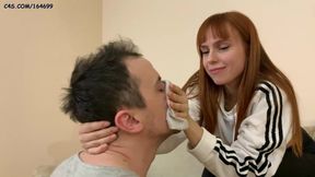 Bratty girl makes a slave sniff her sweaty socks and puts them in his mouth