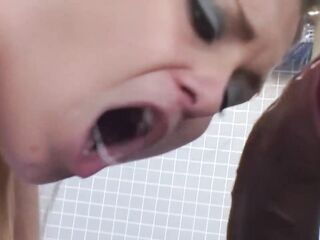 A voluptuous golden-haired mother engages in a vigorous trio with large male genitalia.