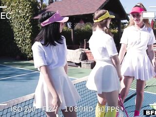 three on 1 on tennis court with hotties daisy, cleo, and daphne