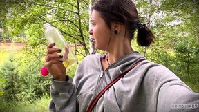 daring outdoor piss ritual in park - kinky mary drinks everything