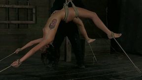 Flexible submissive black head is fixed with ropes and mouth banged
