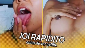 Blowjob before bingeing Netflix, subtitles included: 'Get it in quick'.