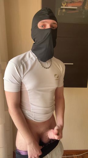 Horny masked stud in wanks his dick after gym he is so horny that ge is shaking