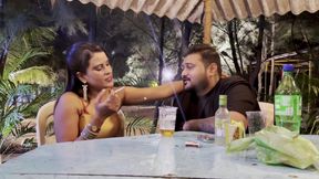 The guy is walking the girl around the garden and asking her to fuck him