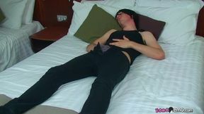 Petite British emo Ashley Hawkes tugs his long uncut cock