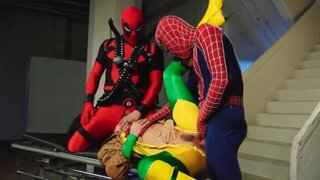 Slutty girl is fucked by two guys are the cosplay party
