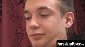 Slim twink with fat uncut cock in solo pleasing scene
