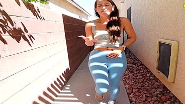 Model Constance spread legs pissing leggings