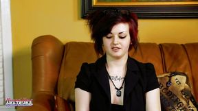 Tattooed Marcie deep throats cock and drinks cum