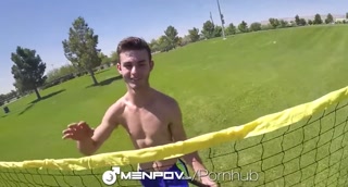 MenPOV Two guys fuck after badminton park fun