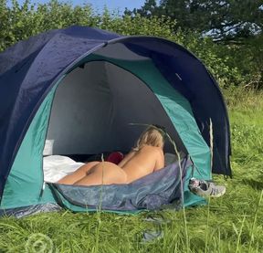 Young Swedish Hotwife camping alone naked in tent