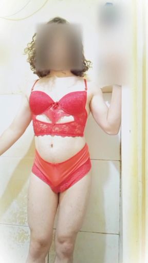 Trying on My Stepsister's Red Lingerie