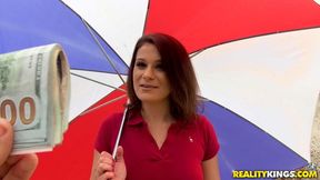 Cute chick rides on a pretty long boner for cash