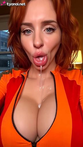 Sexy redhead in orange jumpsuit