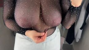 Amateur big-titted model teases in fitting rooms and solo dance