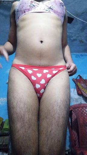 Horny Indian Teen Femboy Wearing His Step Sister&#039;s Bra and Panties While Jerking His Phimosis Cock