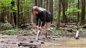 White socks in mud, muddy feet, ripped socks, white nylon socks wet, stockings in mud, girl in mud, wetlook