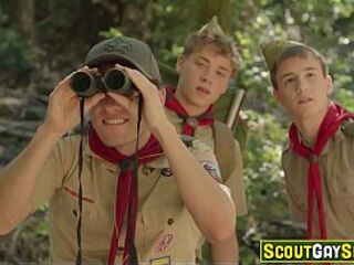 Scout hunk discovers smth SHOCKING in the woods throughout his binoculars! The scout slavemaster is making out with one of the other scout guys in the troop!