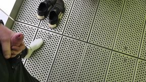 On a rest area toilet jerking off and in Adidas NMD and white Puma socks cumming