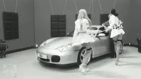 Classic Vanessa and Stacey share three lucky guys in a hot car ride.