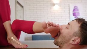 Stella Use Him As A Footrest And Has Bare Feet Licked - Red Leggings - Part 02 - UHD 3840x2160 - 4K