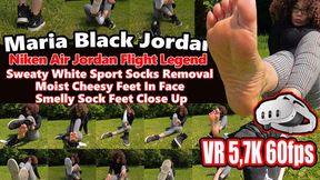 VR 3D 5,7K 180 60 fps | Maria Black Nike Air Jordan Flight Legend – Sweaty White Sport Socks Removal, Moist Cheesy Feet In Face, Smelly Sock Feet Close Up, Black Jordans Sniffing
